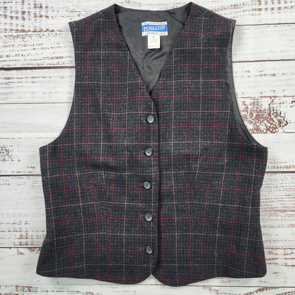 Vintage Pendleton Classic Vest Women's 8 Black Plaid 100% Virgin Wool USA